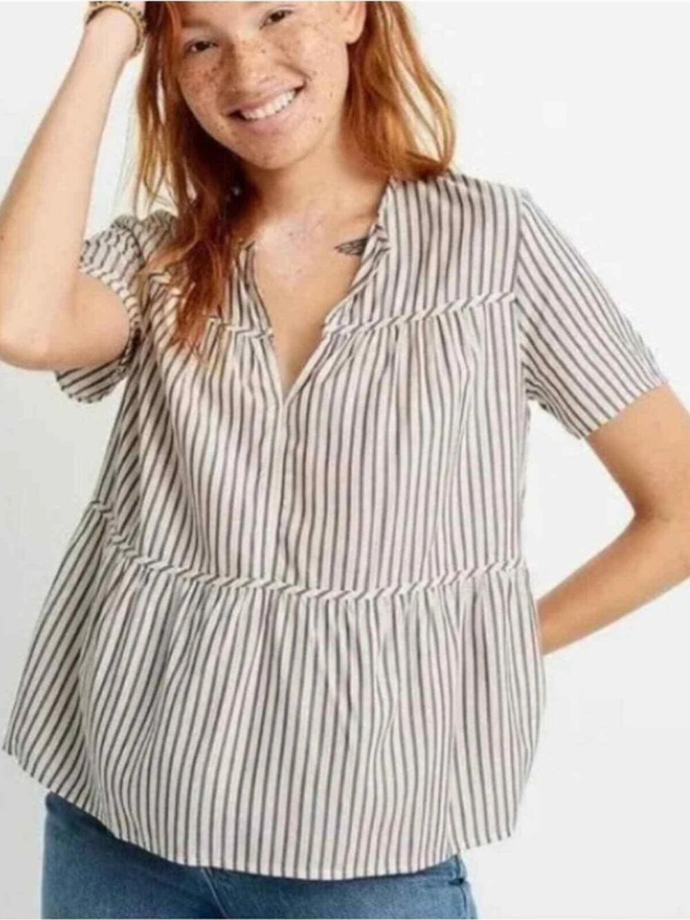 Madewell Seamed Tiered Popover Top in Dunfield Stripe Blouse Medium